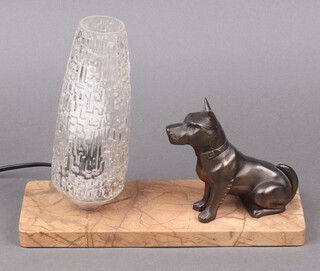 For decorative purposes only, a marble and spelter table lamp decorated a seated terrier, raised on a marble base 20cm x 26cm 