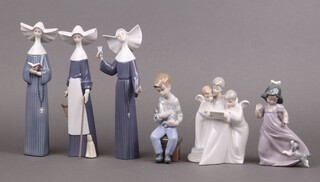 Three Lladro figures - Morning Chores 05552, Prayerful Moment 5500, Call to Prayer 5551 together with 3 Nao figures - Angel Choir, Girl with Dog and Seated Boy with Puppy 
