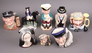 A Doulton Toby jug in the form Winston Churchill, 4 large Doulton Toby jugs - The Golfer, Captain Ahab, Veteran Motorist and Anne Boleyn, a small The Gardener, 1 other Toby jug and a Staffordshire figure of Dick Turpin (bases all covered in fabric)