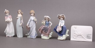 Five Lladro figures - 1988 Collectors Club figure School Days 1704, Happy Birthday Girl 5429, Pretty Pickings 5222, Sweet Scent 5221, Ingenue  5487 and a Lladro table sign 