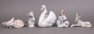 Five Lladro figures - Swan 5231, Fox and Cub 1065, Donkey 4679, Cat Nap 5640, Feed Me 5113 
