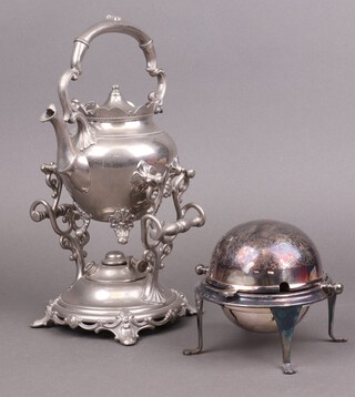 A silver plated roll top butter dish together with a silver plated spirit kettle