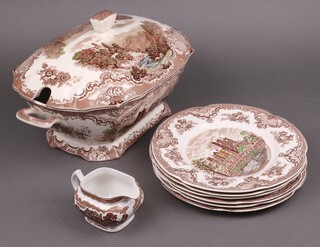 A Woods Woodland pattern twin handled soup tureen and cover, matching sauce boat and 6 dinner plates 