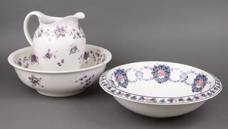 A violet pattern jug and bowl set (chip to base of bowl and jug), together with a Wedgwood Autumnus pattern bowl 