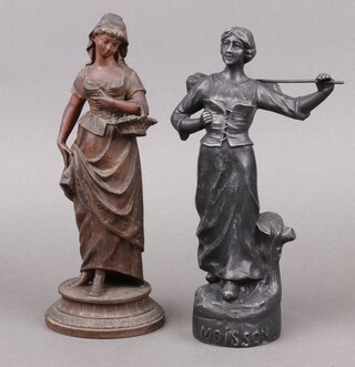 A 19th Century spelter figure of a lady harvester 28cm and 1 other of a lady with basket 28cm 