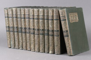 The Henry Irving Shakespeare, "The Works of William Shakespeare" edited by Sir Henry Irving and Frank A Marshall in 13 volumes, Gresham 1906, 4 to., bound in green cloth with gilt and green foliate decoration  (in poor condition) 