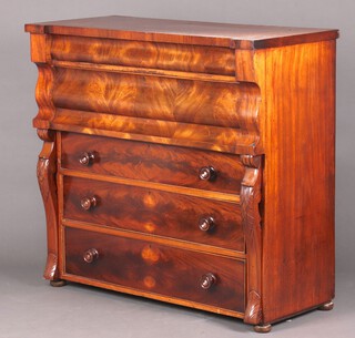 A Victorian mahogany Cumberland chest with 2 secret drawers above 3 long drawers and scroll supports to the sides, 114cm h x 122cm w x 56cm d (reduced in height, contact marks in places)