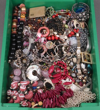 A collection of costume jewellery including necklaces, beads, wristwatch, compact, etc 