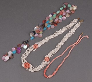 A simulated pearl and coral necklace and 2 other necklaces