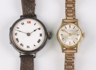 A lady's Swiss wristwatch with enamelled dial, Roman numerals, contained in a 925 case, together with a lady's Avia Incabloc wristwatch in a gilt case with integral bracelet 