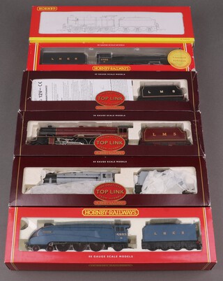Three Hornby OO gauge locomotives and tenders, R099 Herring Gull (limited edition), R2135 Class 4F locomotive, Peregrine, 3 Top Link locomotives and tender R2051 Princess Marie Louise, R2052 Queen Maud and R2043 locomotive WD Class, all boxed