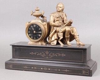A 19th Century French 8 day striking mantel clock in a black marble and gilt spelter mounted case supported by a figure of a student (a/f) 38cm h x 46cm w x 16cm d 