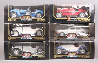 Six Burago die cast model cars - 2 x Alpha Romeos, Jaguar, Bugatti, Mercedes and Rolls Royce, all boxed 