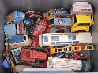 A Tonka Tractor, a Dinky Super Toy Vega Major Deluxe Coach, a Man From Uncle Car, and other toy cars, all play worn, in a grey plastic box 
