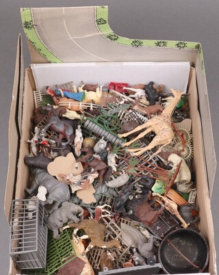 A collection of Britains and other lead and plastic Zoo and farmyard animals, in a small shallow box 