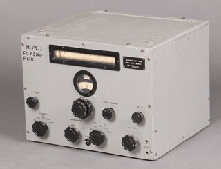 A Receiver Type B28 Admiralty patent radio marked HMS Flying Fox 30cm h x 40cm w x 35cm d 