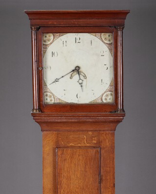 An 18th Century 30 hour longcase clock with 30cm square painted dial and calendar aperture, contained in an oak case, complete with pendulum and weights, 188cm h 