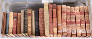 Six leather bound editions "The Works of Shakespeare", 1 volume "Bunyan's Works" and other volumes, contained in a clear plastic box 