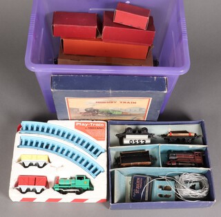 A Hornby O gauge 201 Tank Goods set boxed, a Hornby O gauge 501 locomotive and tender boxed, a ditto Goods Brake Van R164 and a quantity of track, together with a Meccano Play-Train Set