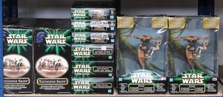 Star Wars Power of the Force by Hasbro, a collection of figures and playsets to include Tatooine Skiff x 2, Jedi Spirits, Rebel Pilots, Jabba's Palace x 2, Cantina Mos Eisley, Cantina Aliens, Stap x 2 (not guaranteed complete)