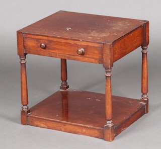 A Victorian rectangular mahogany 2 tier what-not base fitted a drawer, 46cm h x 48cm w x 41m d (water and contact marks in places)