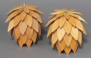 Olsson and Jensen, a pair of wooden fir cone style hanging light shades 37cm x 30cm 