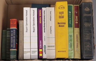A Lotus Excel Service notes, an MGB workshop manual, a Sprite and Midget workshop manual, a Lotus Elite and Eclat ditto and other workshop manuals 