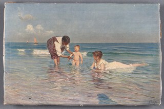 A print on canvas, child bathing with parents in the sea 16cm x 25cm 