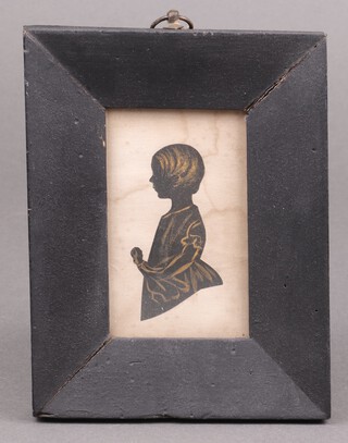 A 19th Century silhouette of a standing child in an ebonised frame 9cm h x 5cm w 