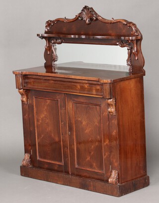 A Victorian rosewood chiffonier, the raised mirrored back fitted a shelf above 1 long drawer and cupboard enclosed by panelled doors, raised on a platform base 135cm h x 108cm w x 40cm d 