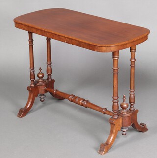 A Victorian rectangular mahogany stretcher table, raised on 4 turned columns with H framed stretcher 66cm h x 88cm w x 44cm d 