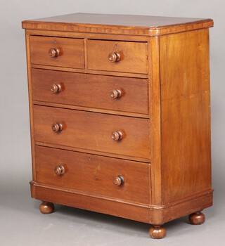 A Victorian mahogany D shaped chest of 2 short and 3 long drawers, raised on turned supports 117cm h x 103cm w x 51cm d 
