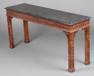 A Chippendale style rectangular mahogany occasional/serving table with faux marble top and blind fret work decoration 69cm h x 146cm w x 42cm d 