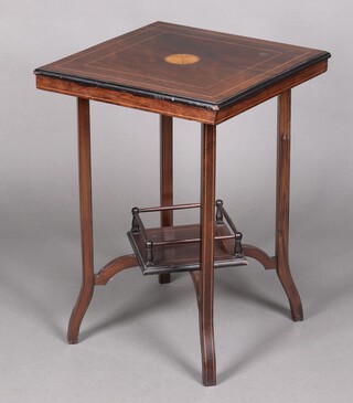 An Edwardian square inlaid rosewood 2 tier occasional table with undertier on outswept supports 70cm h x 50cm 