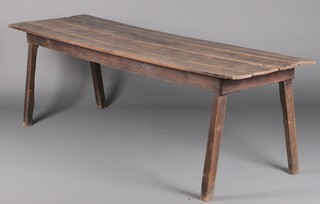 A 19th Century style elm refectory dining table, the top formed of 4 planks, raised on outswept supports 70cm h x 223cm l x 66cm w 