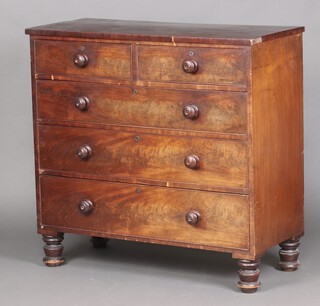 A 19th Century bleached mahogany chest of 2 short and 3 long drawers with turned handles, raised on turned supports 105cm h x 110cm w x 49cm d 