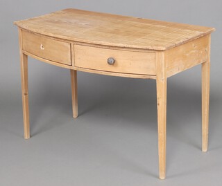A 19th Century stripped and polished pine bow front side table, fitted 2 frieze drawers, raised on square tapered supports 78cm h x 114cm w x 65cm d 