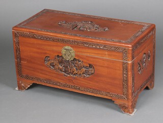 A carved camphor coffer with hinged lid, raised on bracket feet 47cm h x 87cm w x 42cm d 
