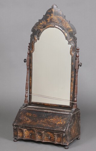 An early 18th century black Chinoiserie decorated arched plate dressing table mirror, the base in the form of a bureau with fall front revealing a stepped interior fitted 7 drawers and 3 arched recesses, all above 1 drawer fitted associated lacquered boxes, raised on bun feet 104cm h x 46cm w x 26cm d 
