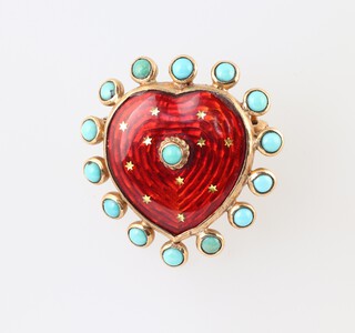 A 9ct gold and enamelled heart shaped brooch with turquoise surround, 5.2g 