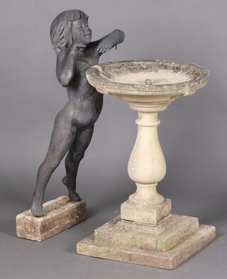 Tom Greenshields, (1915-1994), a limited edition cold cast resin bronze and stone bird bath "Girl at Bird Bath", raised on a stepped base 76cm h x 53cm diam. 
