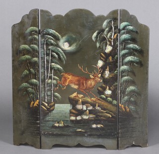 A Victorian lacquered 3 fold fire screen decorated a running stag 78cm h x 76cm w 