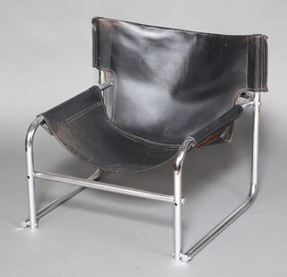 A Rodney Kidsman style chrome and leather open arm chair