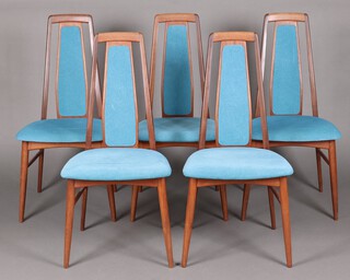 Mid-century Danish, a set of 6 Niels Koefoed for Koefoeds, Hornslet, mid century Eva teak dining chairs, the seats and backs upholstered in blue material, marked Danish Koefoeds 