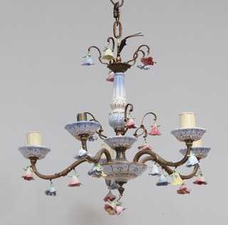 A 1950's gilt metal and floral pottery 5 light electrolier hung pottery flowers 41cm h x 53cm diam. 