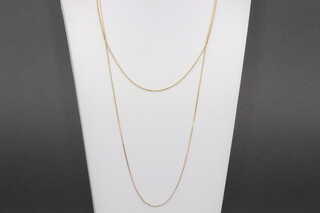 A 9ct gold fine flat link chain 38cm 1.9g and 1 other 40cm 1.8g 