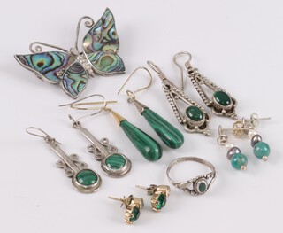 A pair of malachite set earrings, 2 pairs of silver and malachite earrings, a pair of green stone set earrings, 1 other pair of earrings, dress ring and an abalone butterfly shaped brooch 