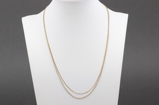 Two 9ct gold fine link chains (one a/f), 47cm and 45cm, 2.4g 