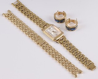 A Pierre Balmain ladies quartz wristwatch in a gilt case with matching bracelet, a gilt metal wristwatch bracelet and a pair of gilt metal and enamelled earrings 