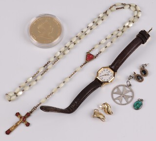 A lady's Lorus wristwatch, a pierced silver Maltese  cross pendant, a rosary and a small collection of costume jewellery 